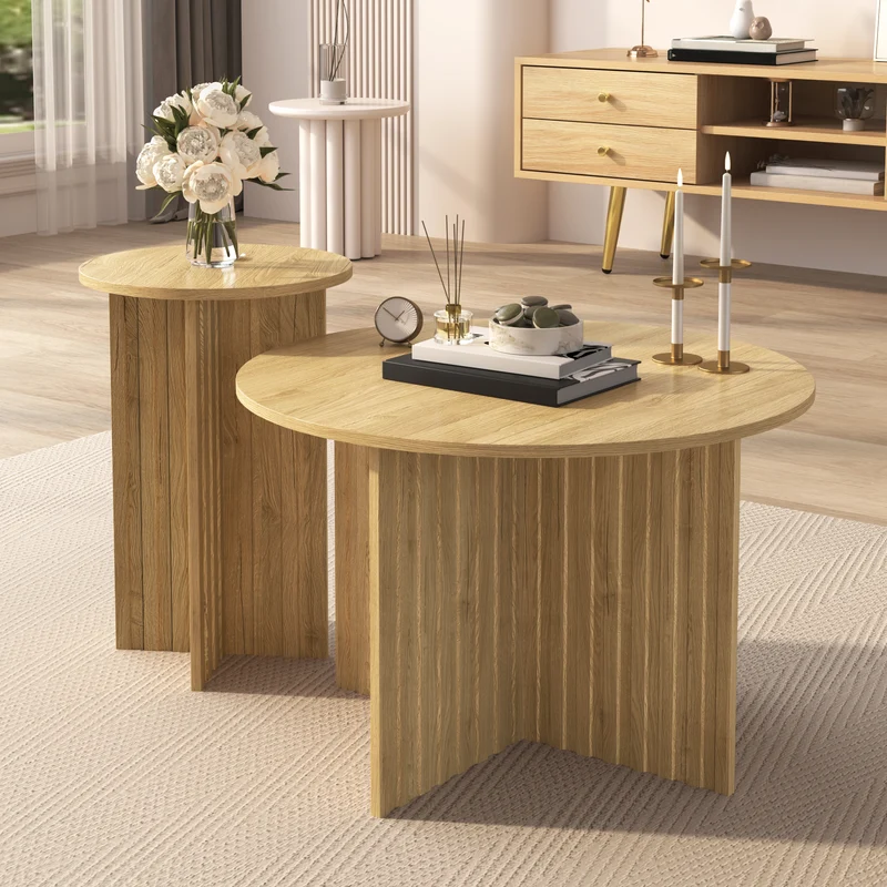 Ensemble de tables basses gigognes rondes effet bois piètement cannelé RIFTVYNRAKYN
