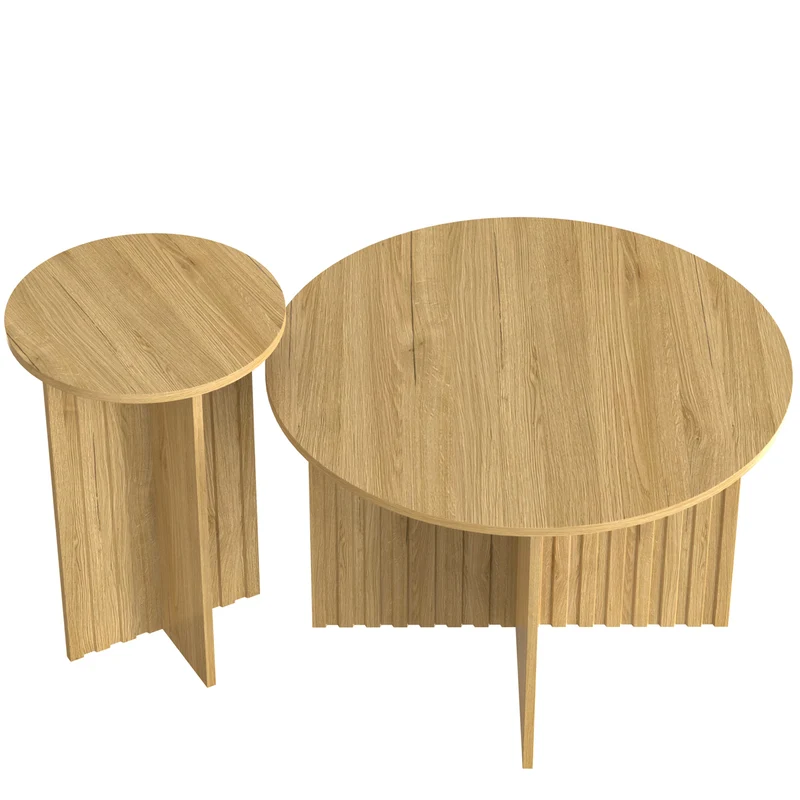 Ensemble de tables basses gigognes rondes effet bois piètement cannelé RIFTVYNRAKYN
