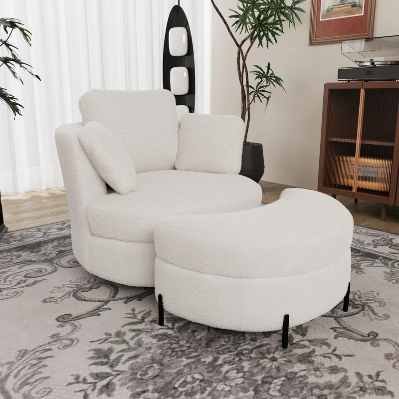 Fauteuil XXL moderne bouclé beige 3 coussins avec pouf ultra-confortable VERTEXZORATHYNATH