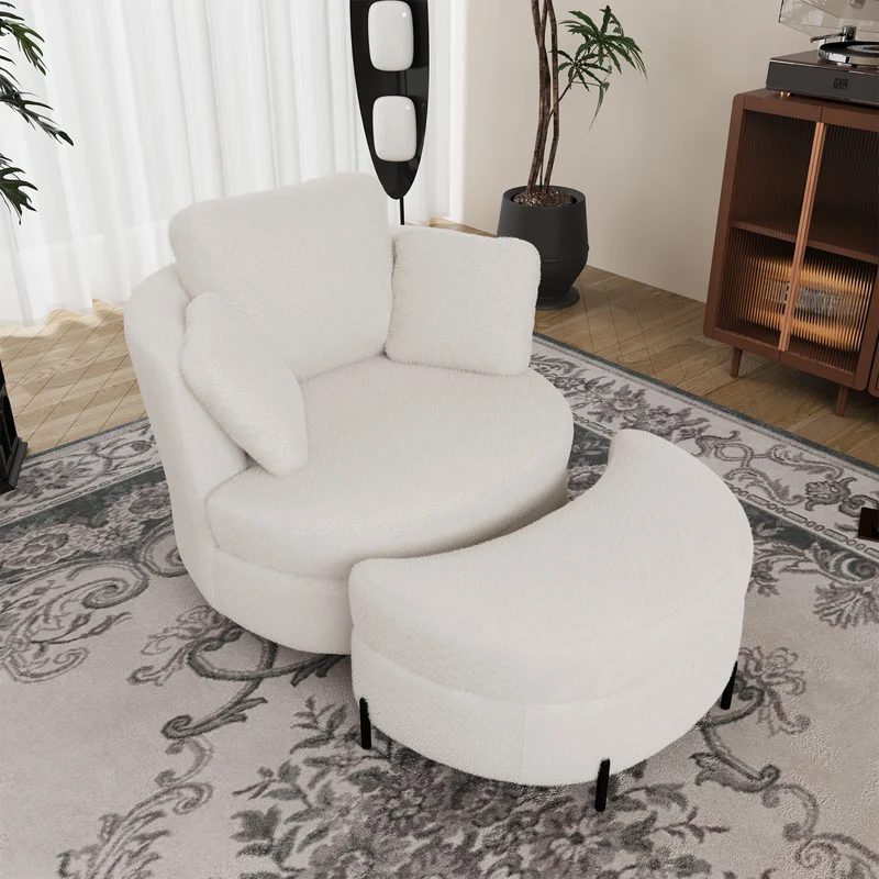 Fauteuil XXL moderne bouclé beige 3 coussins avec pouf ultra-confortable VERTEXZORATHYNATH
