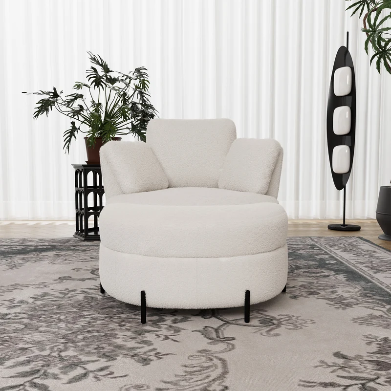 Fauteuil XXL moderne bouclé beige 3 coussins avec pouf ultra-confortable VERTEXZORATHYNATH