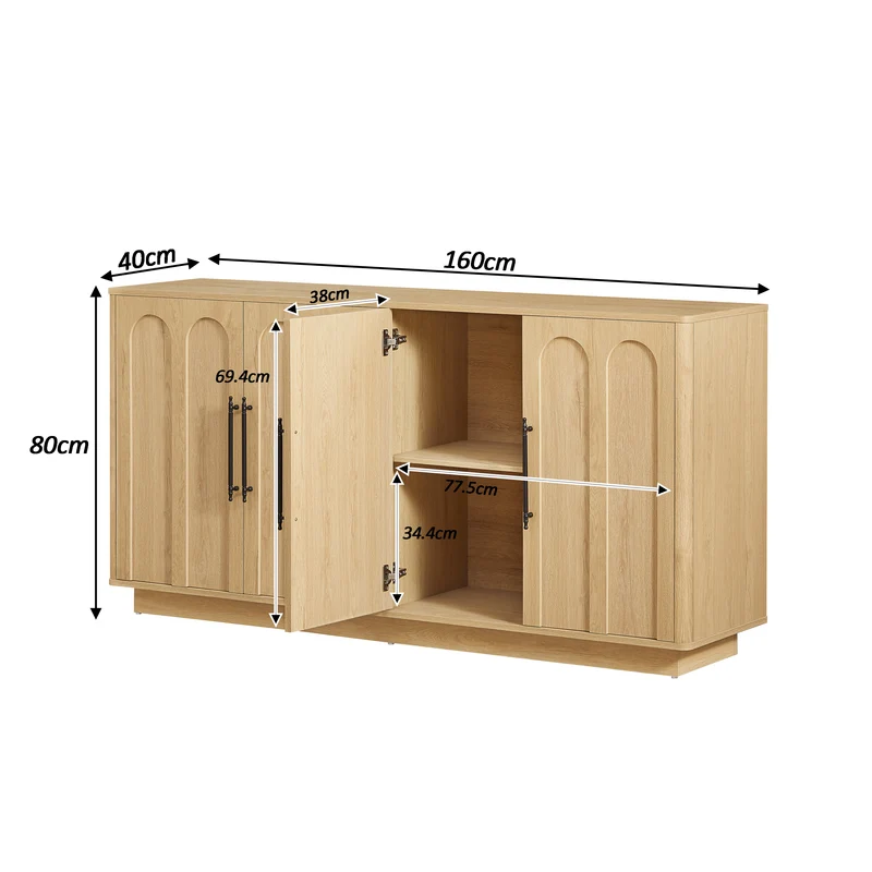Buffet effet bois chêne motif d'arche gravé poignées noires 160*40*80cm VERTEXMYRKONATH