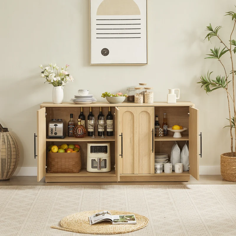 Buffet effet bois chêne motif d'arche gravé poignées noires 160*40*80cm VERTEXMYRKONATH