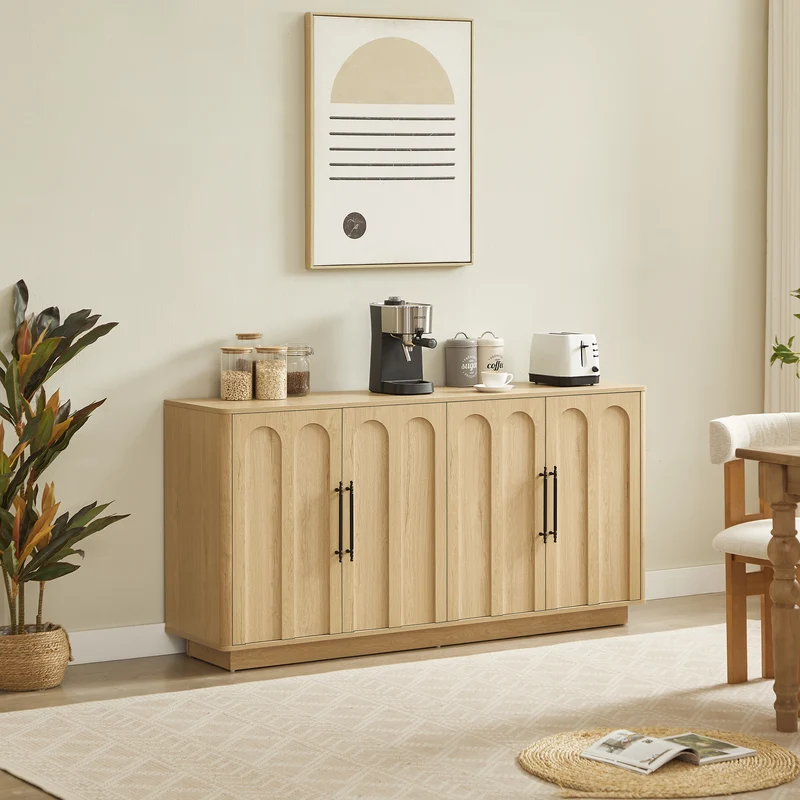 Buffet effet bois chêne motif d'arche gravé poignées noires 160*40*80cm VERTEXMYRKONATH