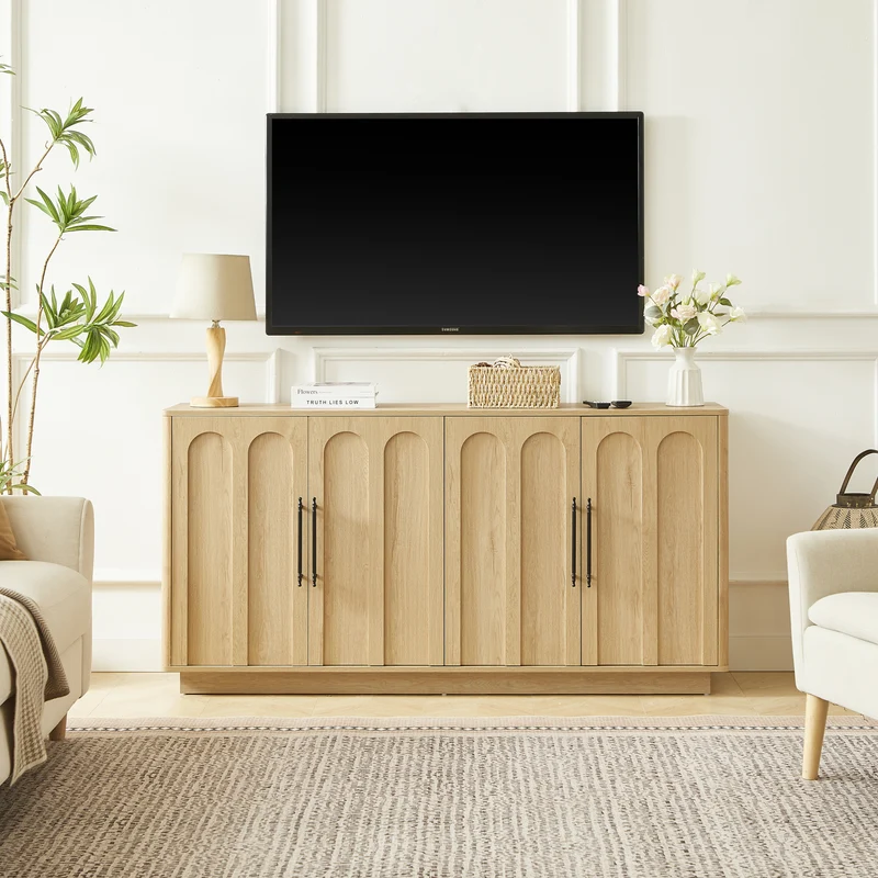 Buffet effet bois chêne motif d'arche gravé poignées noires 160*40*80cm VERTEXMYRKONATH