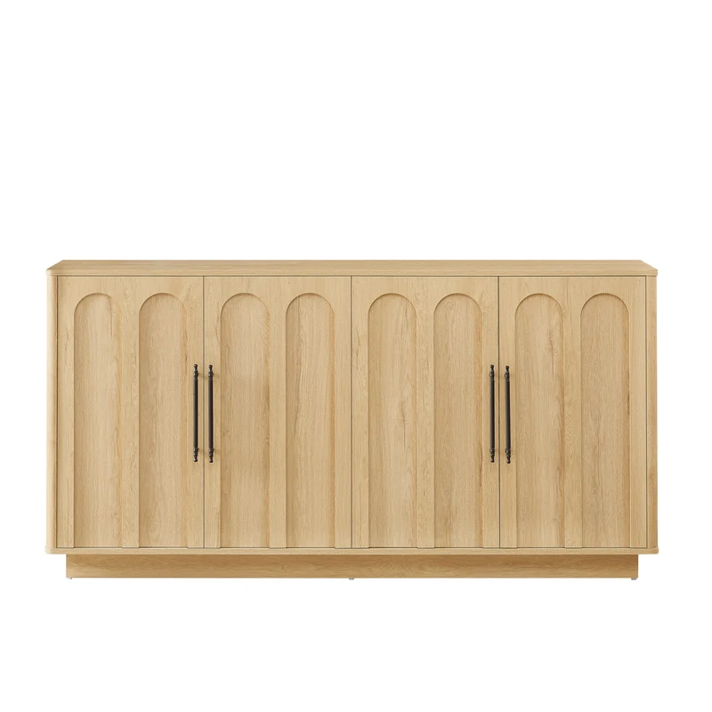 Buffet effet bois chêne motif d'arche gravé poignées noires 160*40*80cm VERTEXMYRKONATH