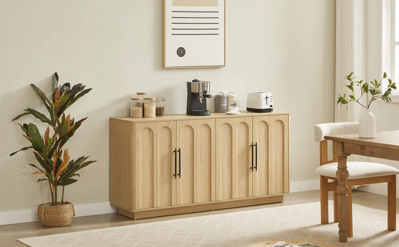 Buffet effet bois chêne motif d'arche gravé poignées noires 160*40*80cm VERTEXMYRKONATH
