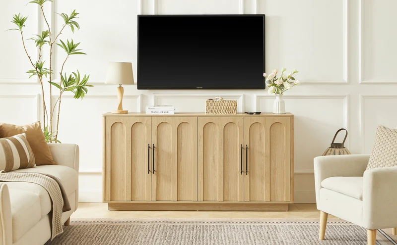 Buffet effet bois chêne motif d'arche gravé poignées noires 160*40*80cm VERTEXMYRKONATH