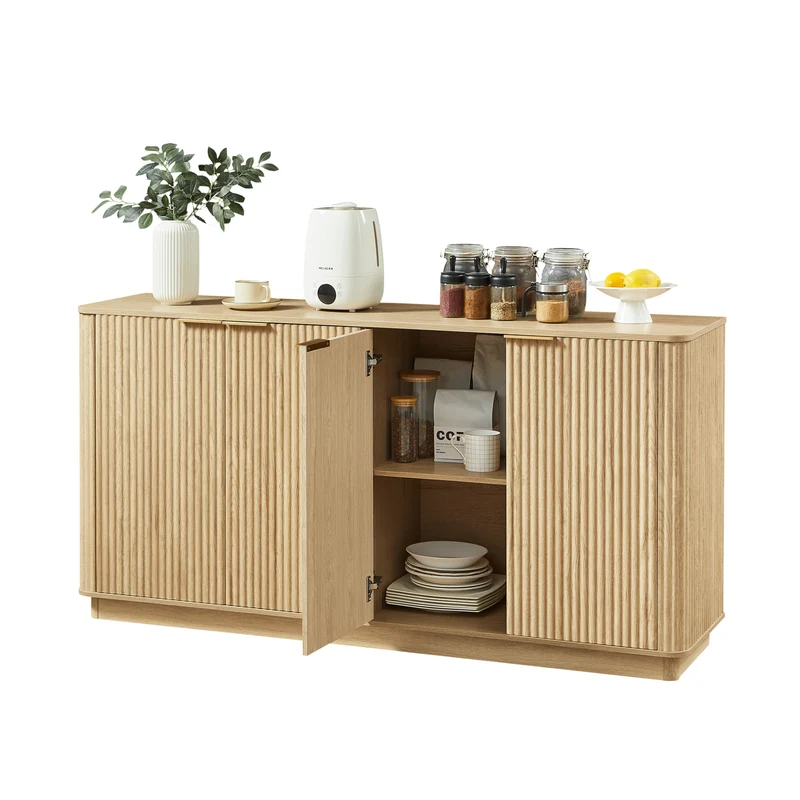Buffet grand effet bois clair façade cannelée et finition dorée 160 x40x80 cm VERTEXZORVAKYNOR