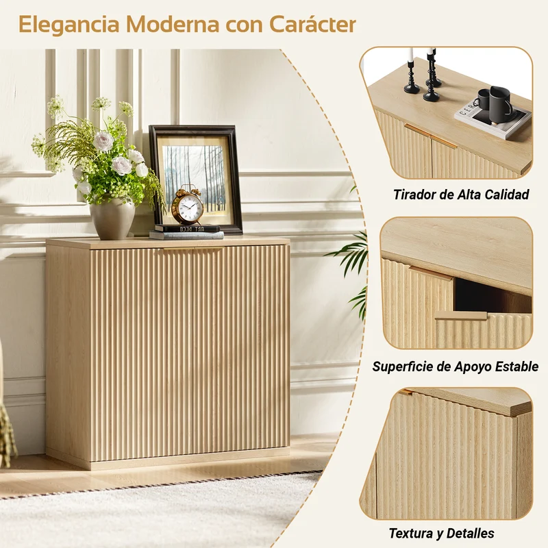 Buffet effet bois clair façade cannelée et finition dorée 80x40x80 cm VERTEXSYLTHYNOR