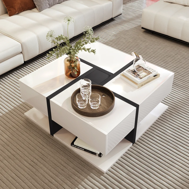 Table basse carrée brillant bicolore blanc et noir géométrique 4 tiroirs 78x78x36cm AEGISSYTH