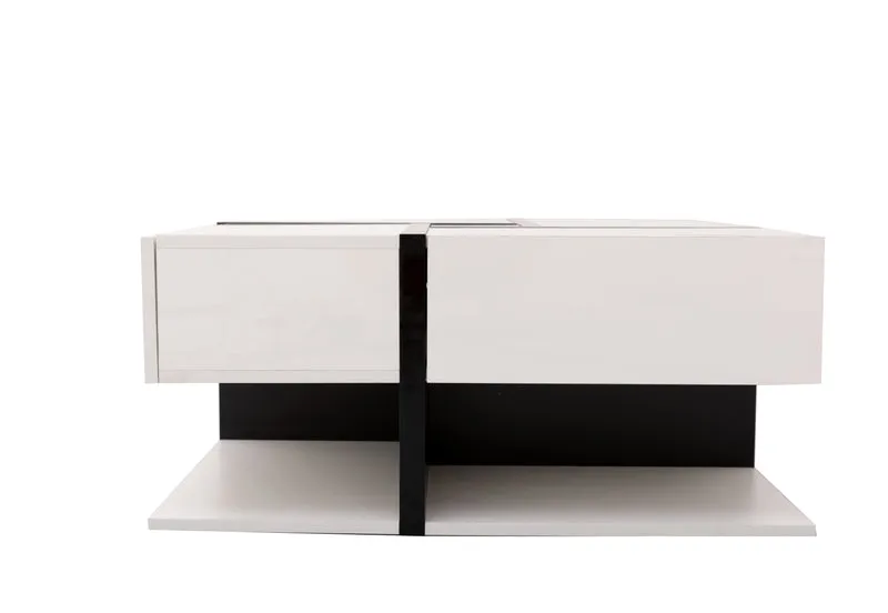Table basse carrée brillant bicolore blanc et noir géométrique 4 tiroirs 78x78x36cm AEGISSYTH