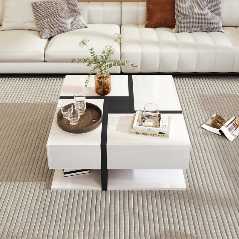 Table basse carrée brillant bicolore blanc et noir géométrique 4 tiroirs 78x78x36cm AEGISSYTH