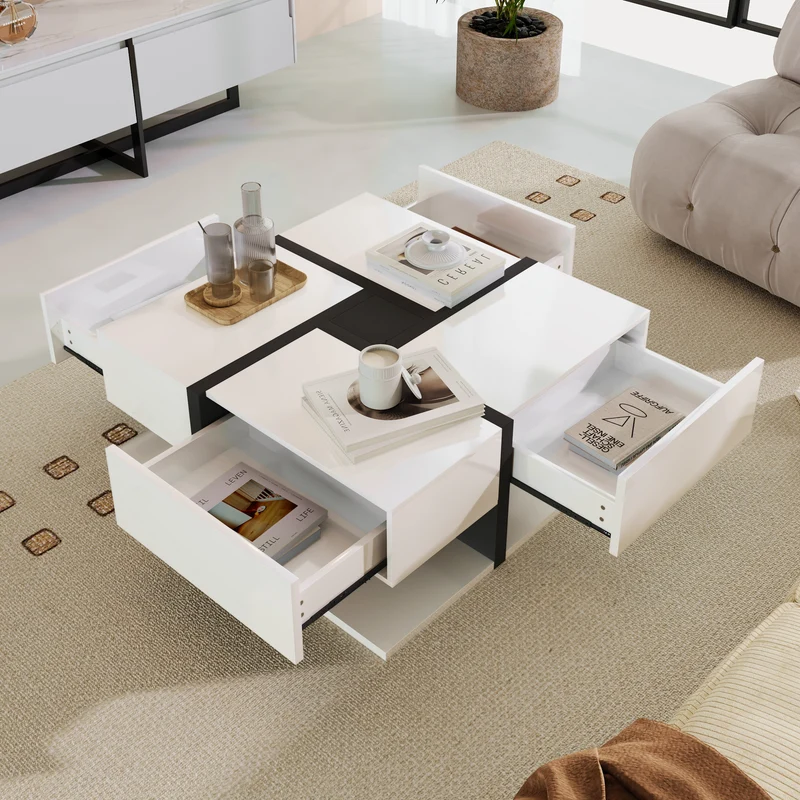 Table basse carrée brillant bicolore blanc et noir géométrique 4 tiroirs 78x78x36cm AEGISSYTH