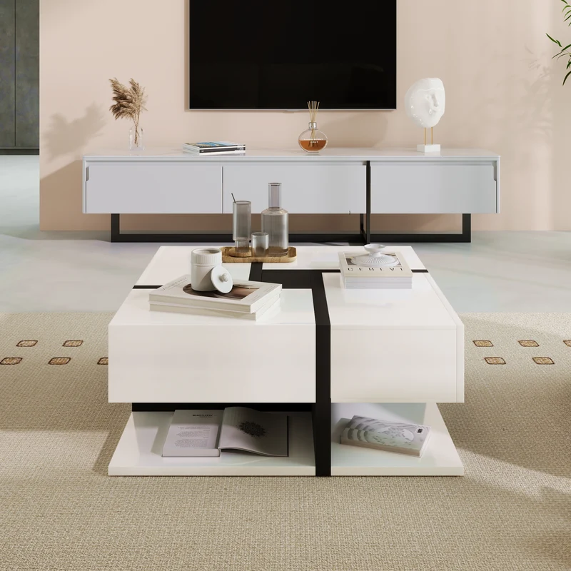 Table basse carrée brillant bicolore blanc et noir géométrique 4 tiroirs 78x78x36cm AEGISSYTH