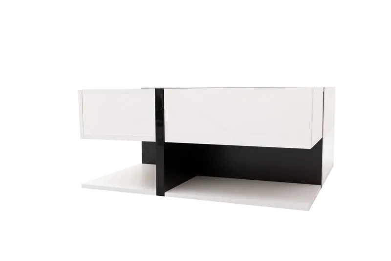 Table basse carrée brillant bicolore blanc et noir géométrique 4 tiroirs 78x78x36cm AEGISSYTH