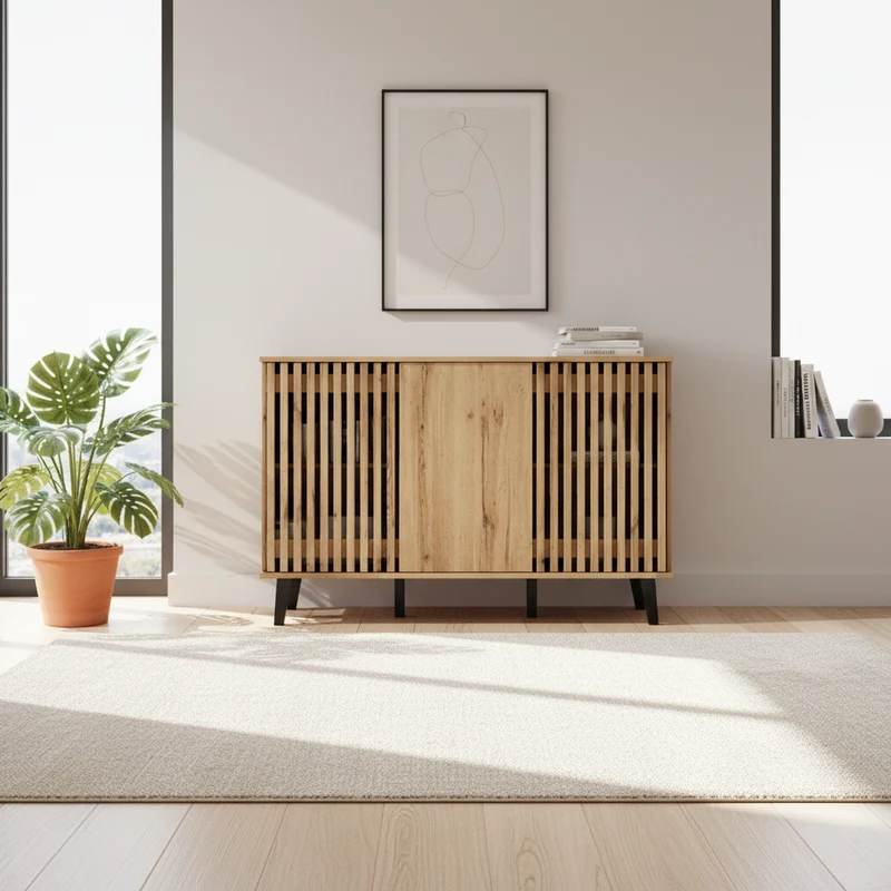 Buffet effet bois naturel design latté 3 portes, 6 compartiments 150x40x95cm RIFTMYRKONATH