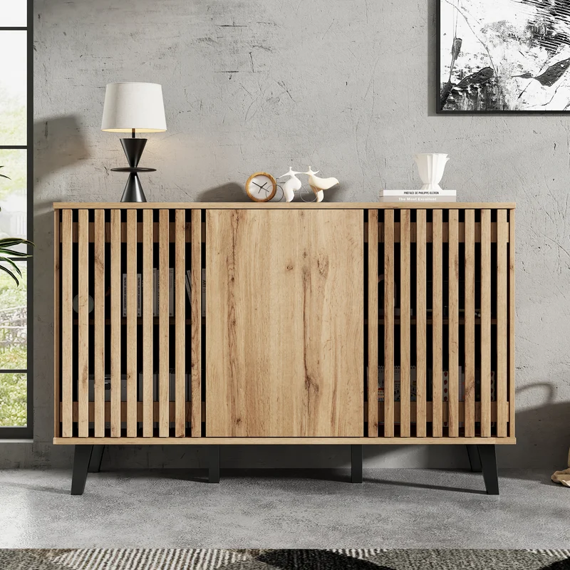 Buffet effet bois naturel design latté 3 portes, 6 compartiments 150x40x95cm RIFTMYRKONATH