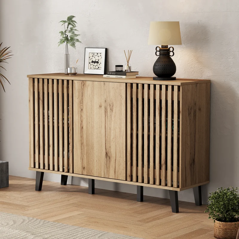 Buffet effet bois naturel design latté 3 portes, 6 compartiments 150x40x95cm RIFTMYRKONATH