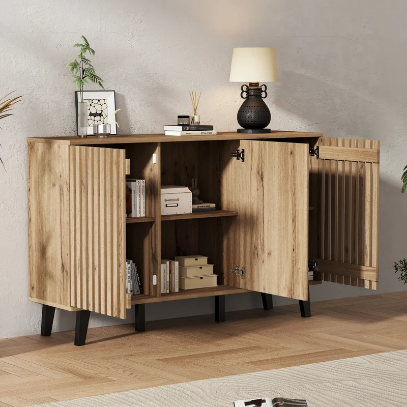 Buffet effet bois naturel design latté 3 portes, 6 compartiments 150x40x95cm RIFTMYRKONATH