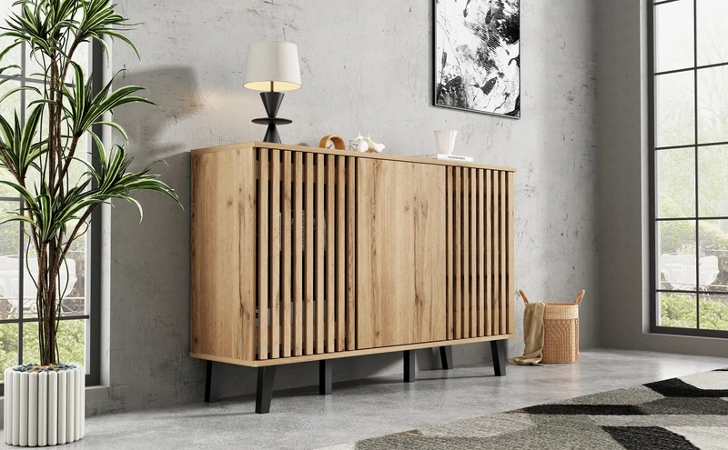 Buffet effet bois naturel design latté 3 portes, 6 compartiments 150x40x95cm RIFTMYRKONATH