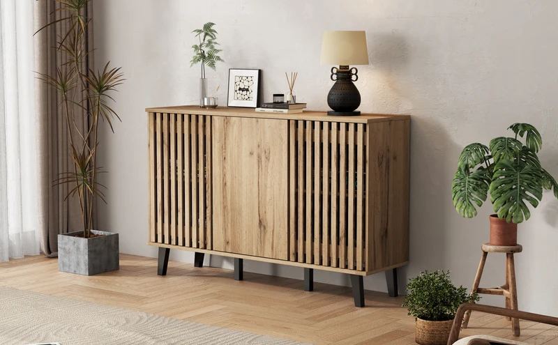 Buffet effet bois naturel design latté 3 portes, 6 compartiments 150x40x95cm RIFTMYRKONATH