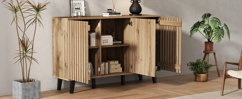 Buffet effet bois naturel design latté 3 portes, 6 compartiments 150x40x95cm RIFTMYRKONATH