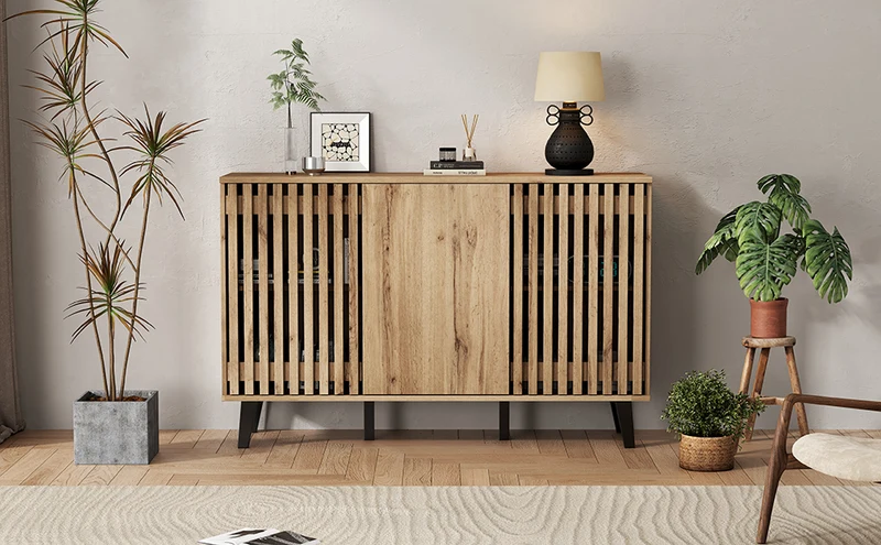 Buffet effet bois naturel design latté 3 portes, 6 compartiments 150x40x95cm RIFTMYRKONATH