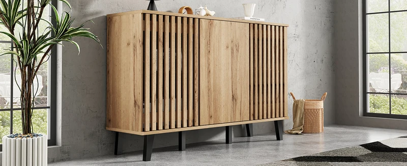 Buffet effet bois naturel design latté 3 portes, 6 compartiments 150x40x95cm RIFTMYRKONATH