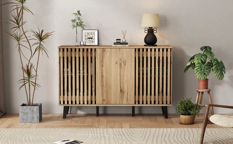 Buffet effet bois naturel design latté 3 portes, 6 compartiments 150x40x95cm RIFTMYRKONATH