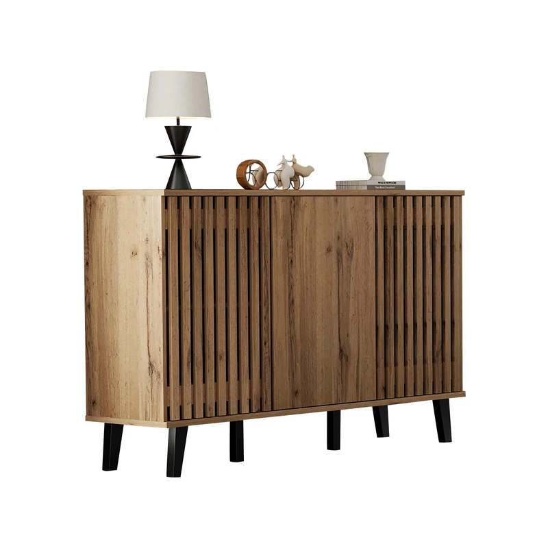 Buffet effet bois naturel design latté 3 portes, 6 compartiments 150x40x95cm RIFTMYRKONATH