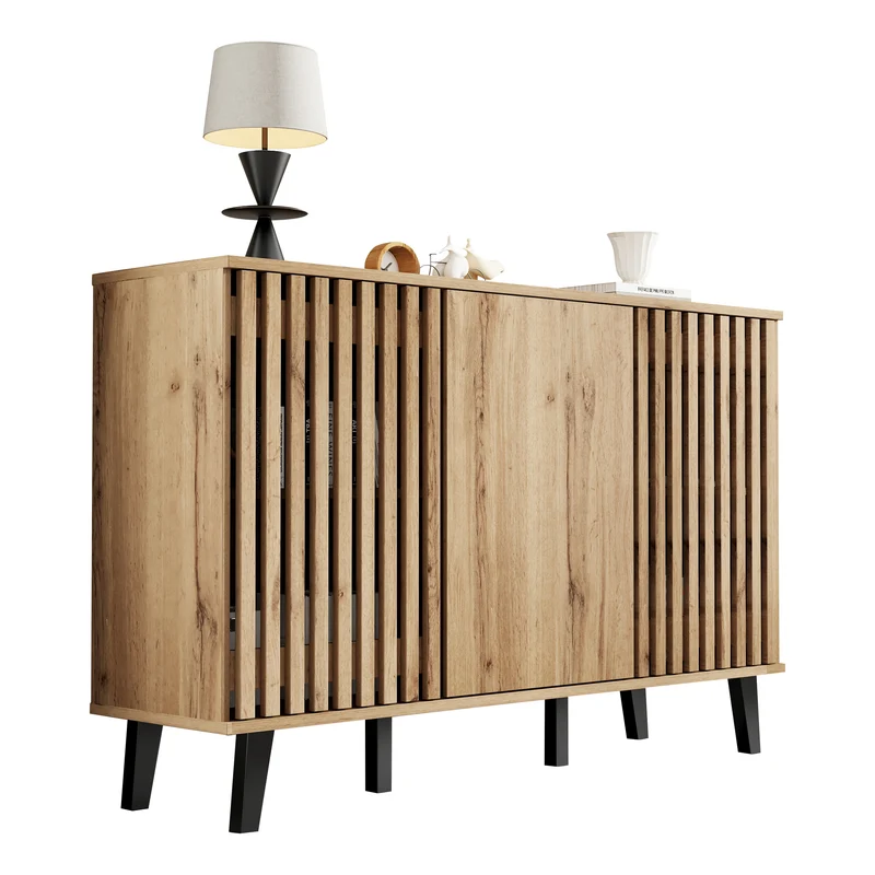 Buffet effet bois naturel design latté 3 portes, 6 compartiments 150x40x95cm RIFTMYRKONATH