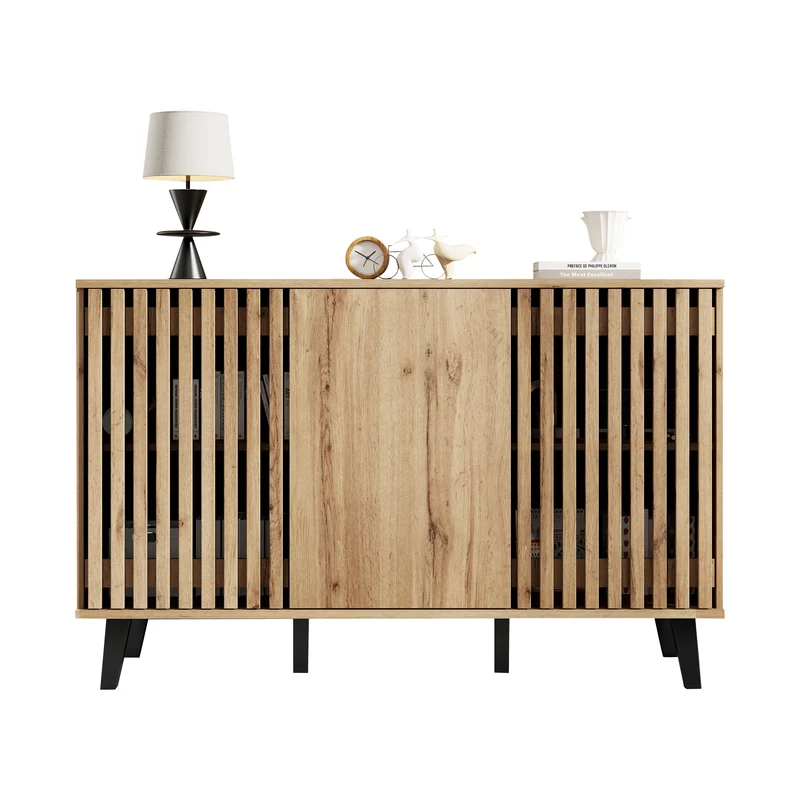 Buffet effet bois naturel design latté 3 portes, 6 compartiments 150x40x95cm RIFTMYRKONATH