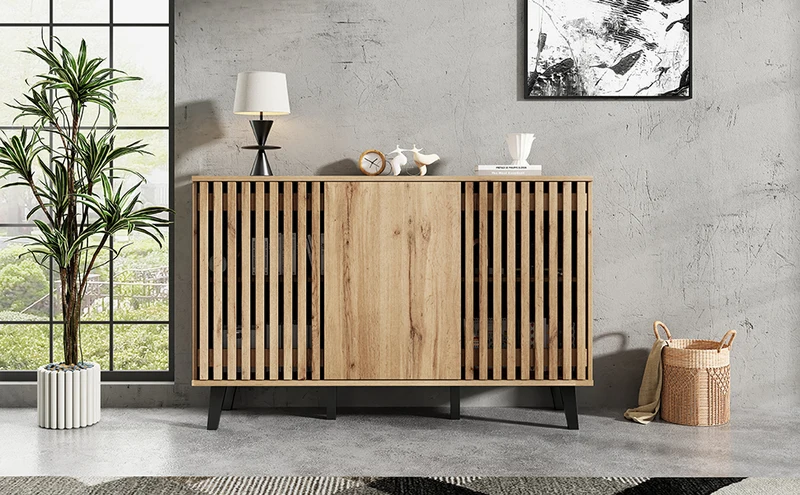 Buffet effet bois naturel design latté 3 portes, 6 compartiments 150x40x95cm RIFTMYRKONATH