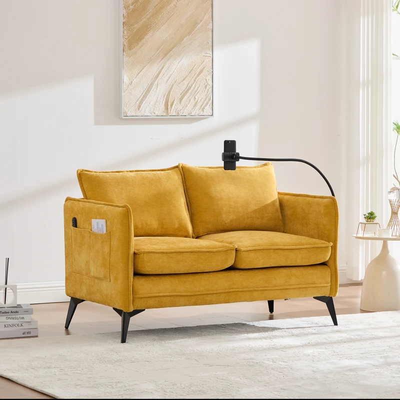 Canapé 2 places moderne chenille jaune poches latérales et support téléphone réglable 127x69x66cm CELESTEUM