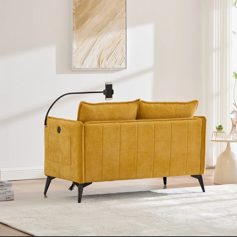 Canapé 2 places moderne chenille jaune poches latérales et support téléphone réglable 127x69x66cm CELESTEUM