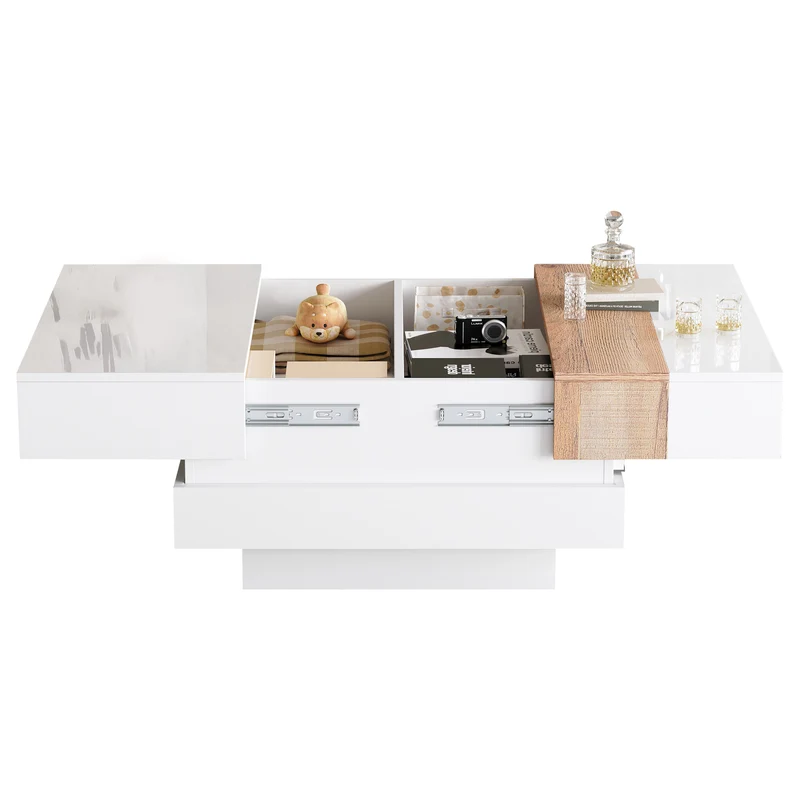 Table basse carrée blanche brillante et bois plateau coulissant et rangement caché CEDARBROOK