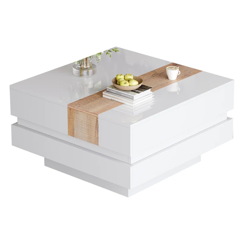 Table basse carrée blanche brillante et bois plateau coulissant et rangement caché CEDARBROOK