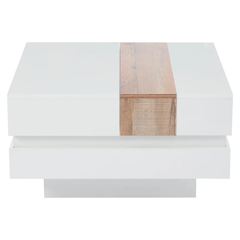 Table basse carrée blanche brillante et bois plateau coulissant et rangement caché CEDARBROOK
