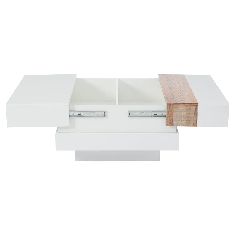 Table basse carrée blanche brillante et bois plateau coulissant et rangement caché CEDARBROOK