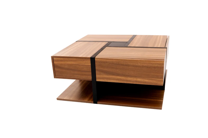 Table basse carrée effet bois 4 tiroirs et étagère ouverte AHNOIR