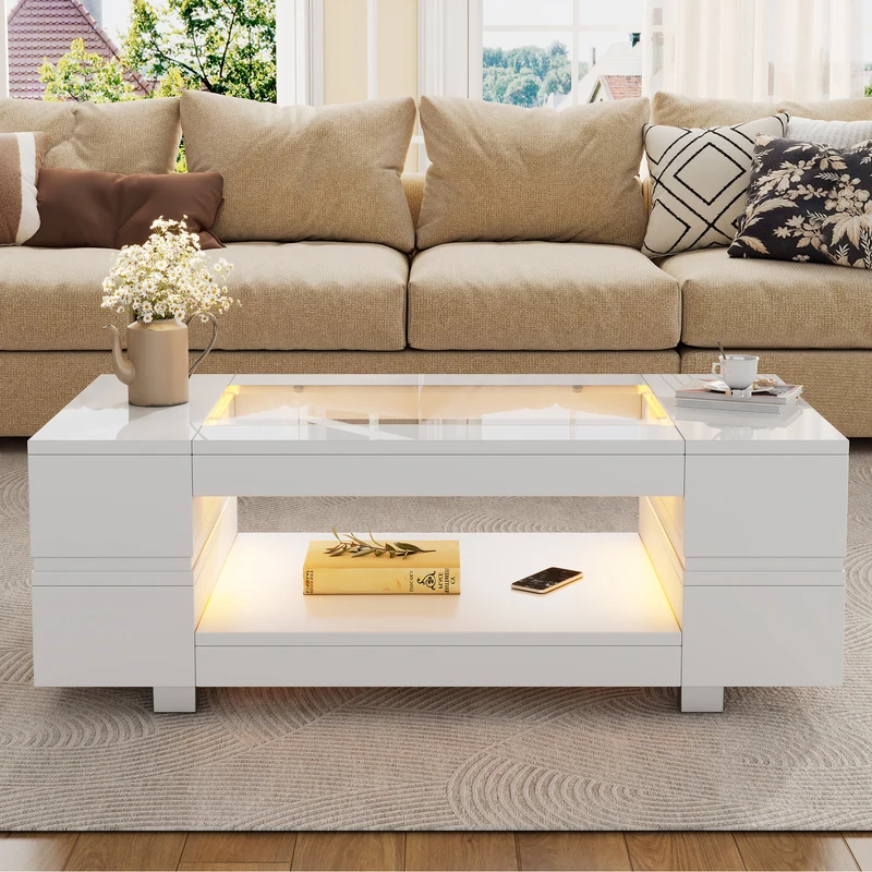 Table basse blanche moderne verre trempé avec éclairage LED 100x50x35cm SCRIEN