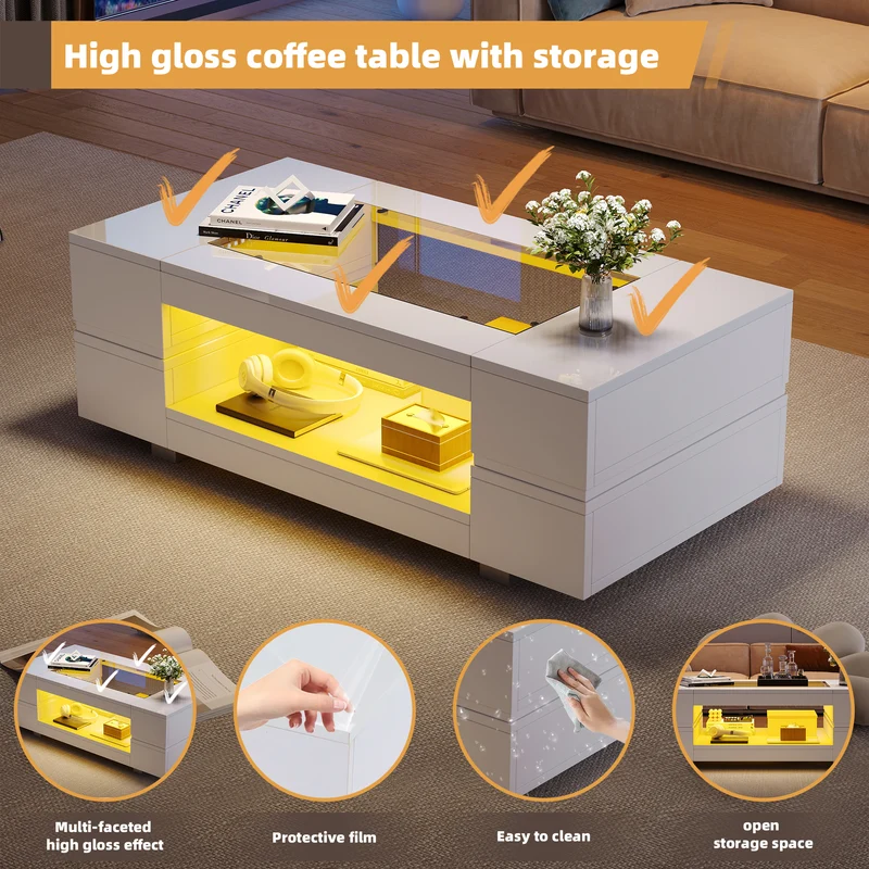 Table basse blanche moderne verre trempé avec éclairage LED 100x50x35cm SCRIEN