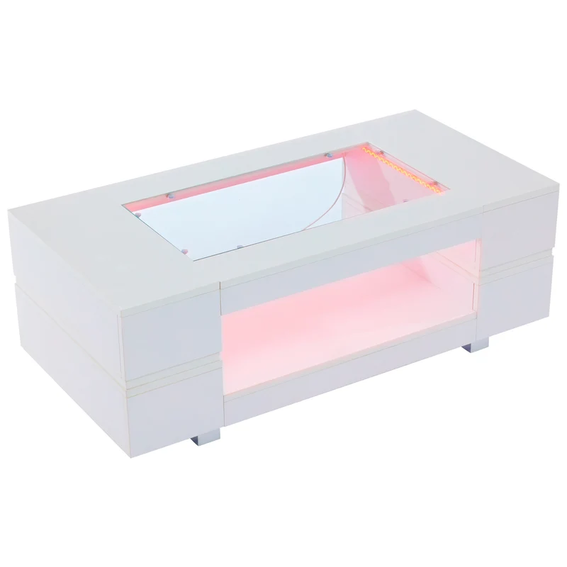 Table basse blanche moderne verre trempé avec éclairage LED 100x50x35cm SCRIEN