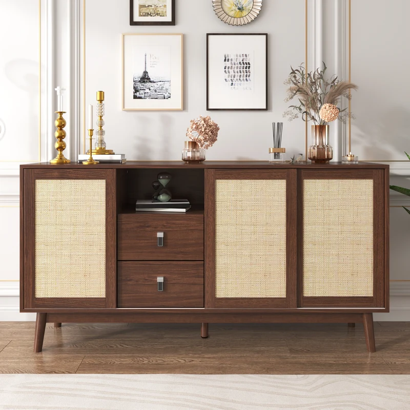 Buffet effet bois noyer avec 3 portes coulissantes en rotin et 2 tiroirs 155x38x80cm USOH WALNUT