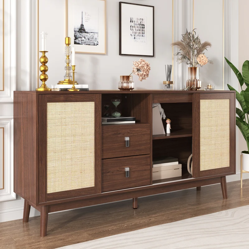 Buffet effet bois noyer avec 3 portes coulissantes en rotin et 2 tiroirs 155x38x80cm USOH WALNUT