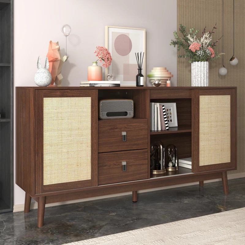 Buffet effet bois noyer avec 3 portes coulissantes en rotin et 2 tiroirs 155x38x80cm USOH WALNUT
