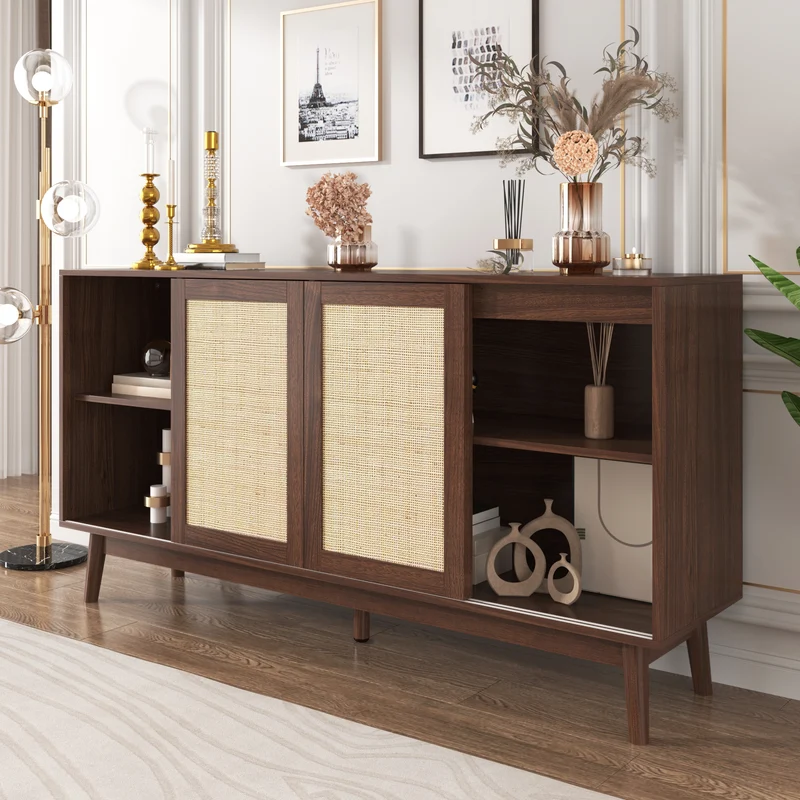 Buffet effet bois noyer avec 3 portes coulissantes en rotin et 2 tiroirs 155x38x80cm USOH WALNUT