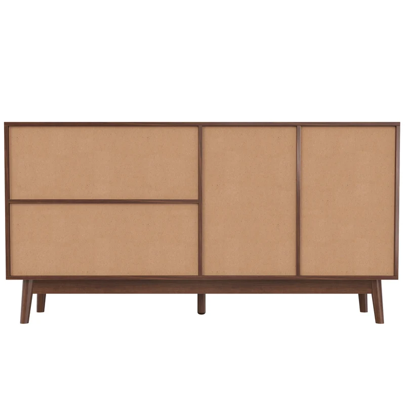 Buffet effet bois noyer avec 3 portes coulissantes en rotin et 2 tiroirs 155x38x80cm USOH WALNUT
