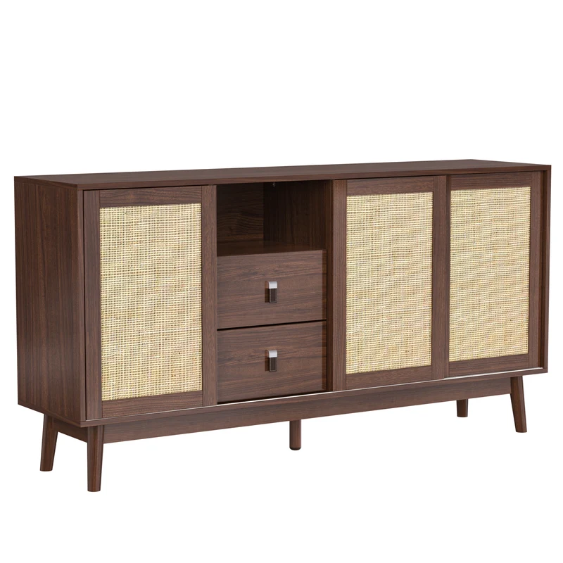 Buffet effet bois noyer avec 3 portes coulissantes en rotin et 2 tiroirs 155x38x80cm USOH WALNUT